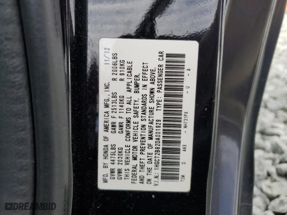 2013 Honda Accord Cpe EX-L with VIN 1HGCT2B82DA001929, listed as a Copart auction lot 46499865 with 172,182 mi miles and Salvage Title. Bid and sale history available at carsss.com. Image 12.
