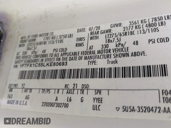 2020 Ford F-150 XL z VIN 1FTFX1C55LKE80693, wystawiony jako IAAI lot #42650150 z przebiegiem 125 739 mil mil oraz . Historia ofert i sprzedaży dostępna na DreamBid. Obrazek 9.