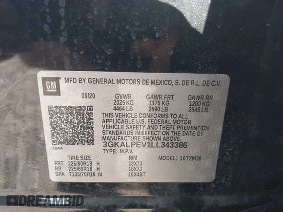 2020 GMC Terrain SLT with VIN 3GKALPEV1LL343386, listed as a IAAI auction lot 42102089 with 38,632 mi miles and . Bid and sale history available at DreamBid. Image 9.