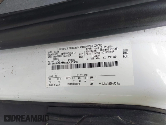 2019 Ford Transit with VIN 1FDBF8ZM4KKA83933, listed as a IAAI auction lot 42122507 with 110,177 mi miles and . Bid and sale history available at DreamBid. Image 9.