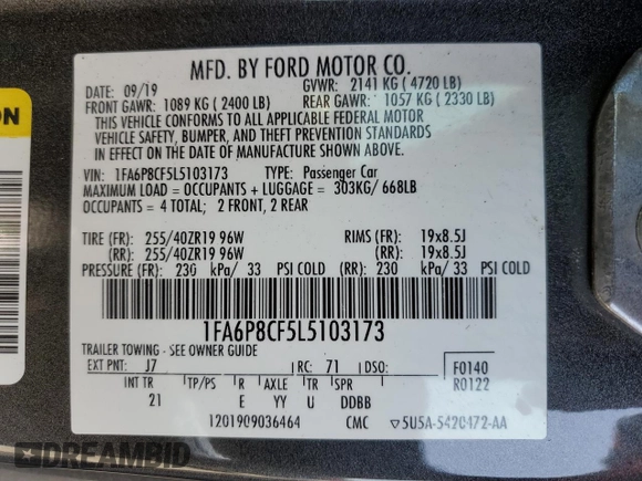 2020 Ford Mustang GT with VIN 1FA6P8CF5L5103173, listed as a Copart auction lot 59125945 with 73,205 mi miles and Salvage title. Bid and sale history available at DreamBid. Image 13.