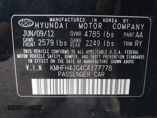 2012 Hyundai Azera with VIN KMHFH4JG4CA177778, listed as a IAAI auction lot 42172911 with 154,680 mi miles and . Bid and sale history available at carsss.com. Image 9.