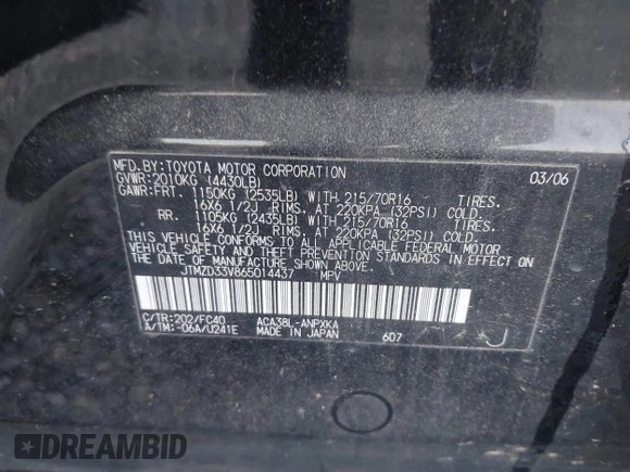 2006 Toyota RAV4 with VIN JTMZD33V865014437, listed as a IAAI auction lot 41938124 with 160,559 mi miles. Bid and sale history available at carsss.com. Image 9.