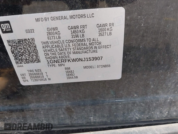 2022 Chevrolet Traverse LS with VIN 1GNERFKW0NJ153907, listed as a IAAI auction lot 42355333 with Not provided miles and . Bid and sale history available at DreamBid. Image 9.