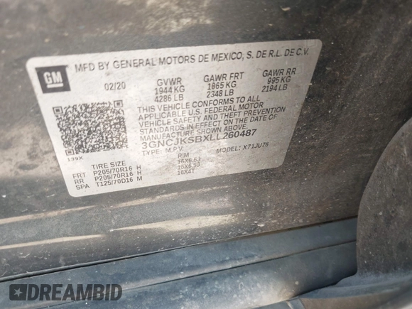 2020 Chevrolet Trax LS with VIN 3GNCJKSBXLL260487, listed as a IAAI auction lot 42044189 with 94,191 mi miles and . Bid and sale history available at DreamBid. Image 9.