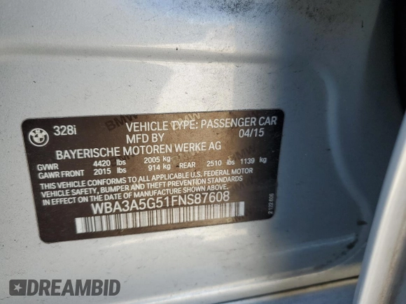 2015 BMW 3 Series 328i with VIN WBA3A5G51FNS87608, listed as a Copart auction lot 53119765 with 92,287 mi miles and Salvage Title. Bid and sale history available at carsss.com. Image 14.