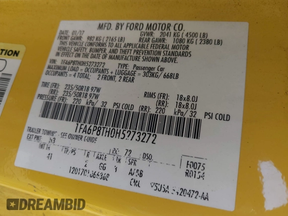 2017 Ford Mustang EcoBoost with VIN 1FA6P8TH0H5273272, listed as a IAAI auction lot 42055654 with 138,469 mi miles. Bid and sale history available at carsss.com. Image 9.