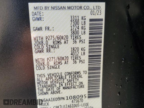 2023 Nissan Titan SV z VIN 1N6AA1ED9PN108095, wystawiony jako Copart lot #57963375 z przebiegiem 21 232 mil mil oraz Szkoda całkowita • Salvage title. Historia ofert i sprzedaży dostępna na DreamBid. Obrazek 13.
