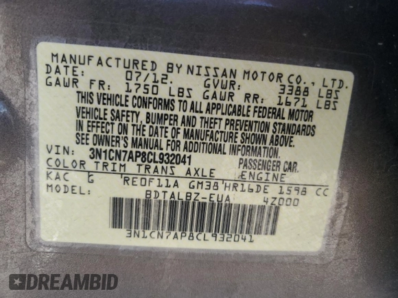 2012 Nissan Versa SV with VIN 3N1CN7AP8CL932041, listed as a Copart auction lot 53075235 with 142,265 mi miles and Salvage Title. Bid and sale history available at carsss.com. Image 13.