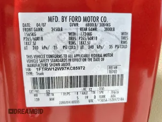2007 Ford F-150 XLT with VIN 1FTRW12W97KC85972, listed as a Copart auction lot 61775655 with 103,406 mi miles and Salvage title. Bid and sale history available at DreamBid. Image 12.
