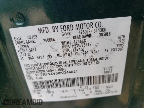 2008 Ford F-150 XL with VIN 1FTRF14V38KD44021, listed as a Copart auction lot 58456014 with 197,165 mi miles and Salvage Title. Bid and sale history available at carsss.com. Image 12.