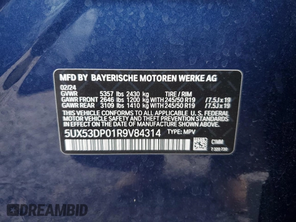 2024 BMW X3 xDrive30i with VIN 5UX53DP01R9V84314, listed as a Copart auction lot 47014205 with 8,645 mi miles and Salvage Title. Bid and sale history available at carsss.com. Image 13.