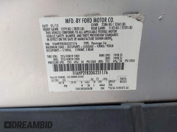 2013 Ford Taurus Limited with VIN 1FAHP2F83DG231176, listed as a IAAI auction lot 42776538 with 220,580 mi miles and . Bid and sale history available at DreamBid. Image 9.