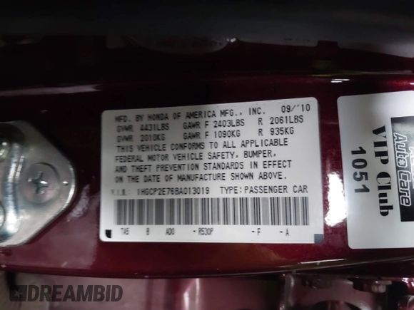 2011 Honda Accord EX with VIN 1HGCP2E76BA013019, listed as a IAAI auction lot 41509644 with 178,487 mi miles and . Bid and sale history available at DreamBid. Image 9.