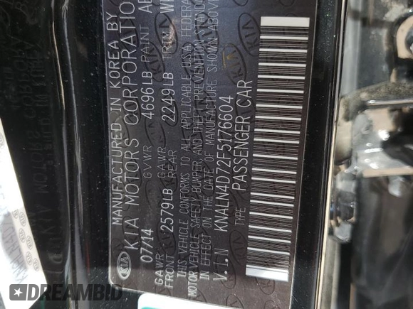 2015 Kia Cadenza Premium with VIN KNALN4D72F5176604, listed as a Copart auction lot 58287744 with 69,419 mi miles and Salvage Title. Bid and sale history available at carsss.com. Image 12.