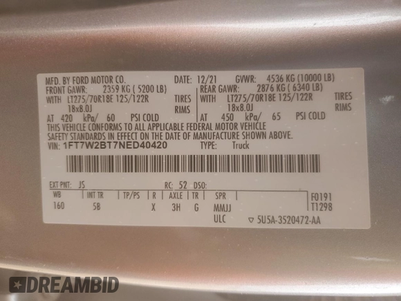2022 Ford F-250 XL with VIN 1FT7W2BT7NED40420, listed as a Copart auction lot 51773075 with 85,566 mi miles and Salvage title. Bid and sale history available at DreamBid. Image 12.