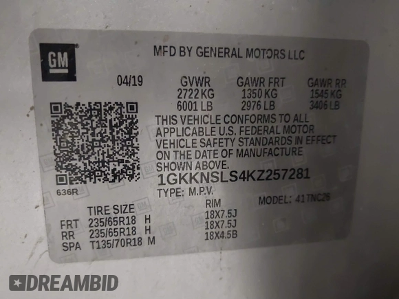 2019 GMC Acadia SLE with VIN 1GKKNSLS4KZ257281, listed as a IAAI auction lot 41550506 with 137,104 mi miles and . Bid and sale history available at DreamBid. Image 9.