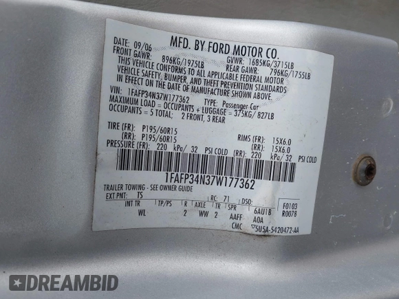 2007 Ford Focus S with VIN 1FAFP34N37W177362, listed as a IAAI auction lot 42024713 with 200,585 mi miles and . Bid and sale history available at DreamBid. Image 9.