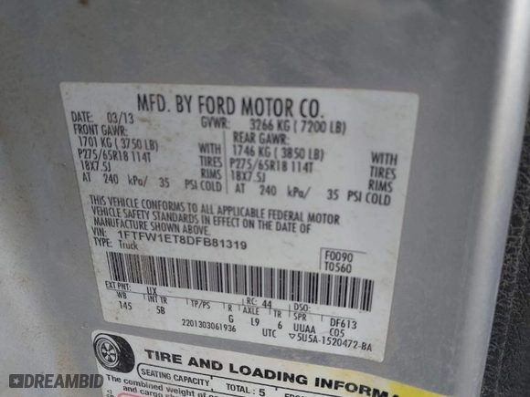 2013 Ford F-150 XL with VIN 1FTFW1ET8DFB81319, listed as a IAAI auction lot 41103635 with 218,615 mi miles. Bid and sale history available at carsss.com. Image 9.
