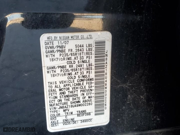 2009 Nissan Murano S with VIN JN8AZ18U49W002260, listed as a Copart auction lot 88679785 with 208,874 mi miles and Salvage Title. Bid and sale history available at carsss.com. Image 13.