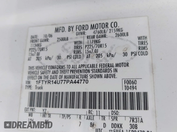 2007 Ford Ranger XL with VIN 1FTYR14U77PA44770, listed as a IAAI auction lot 41706699 with 202,840 mi miles. Bid and sale history available at carsss.com. Image 9.