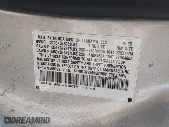 2006 Honda Odyssey Touring с VIN 5FNRL38826B001980, выставлен на аукционе IAAI как лот 42247064 с пробегом 211 877 миль миль и . История ставок и продаж доступна на DreamBid. Изображение 9.