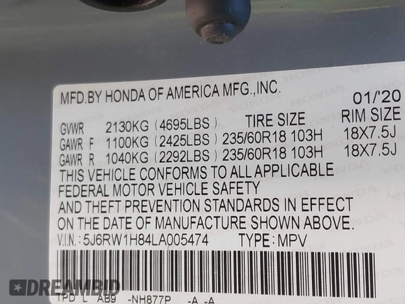 2020 Honda CR-V EX-L with VIN 5J6RW1H84LA005474, listed as a IAAI auction lot 41702852 with 61,995 mi miles. Bid and sale history available at carsss.com. Image 9.