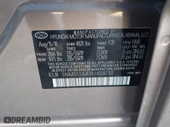2019 Hyundai Santa Fe Ultimate with VIN 5NMS53AA3KH026730, listed as a IAAI auction lot 41432797 with 23,573 mi miles. Bid and sale history available at carsss.com. Image 9.