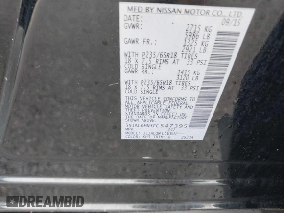 2015 Infiniti QX60 with VIN 5N1AL0MN3FC547395, listed as a IAAI auction lot 41863434 with 91,631 mi miles. Bid and sale history available at carsss.com. Image 9.