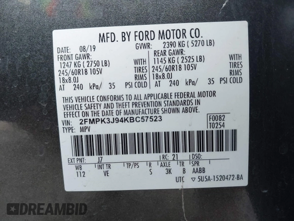 2019 Ford Edge SEL with VIN 2FMPK3J94KBC57523, listed as a IAAI auction lot 41601157 with 54,757 mi miles. Bid and sale history available at carsss.com. Image 9.