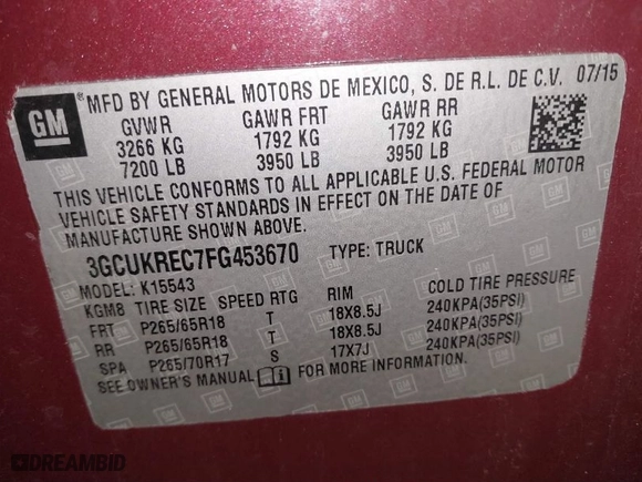 2015 Chevrolet Silverado 1500 LT with VIN 3GCUKREC7FG453670, listed as a IAAI auction lot 41388606 with NaN miles. Bid and sale history available at carsss.com. Image 9.