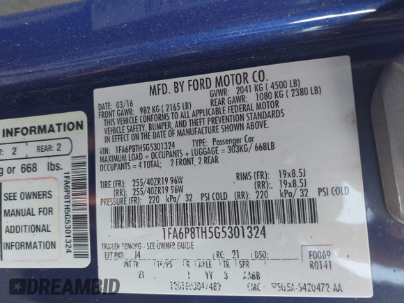 2016 Ford Mustang EcoBoost with VIN 1FA6P8TH5G5301324, listed as a IAAI auction lot 42166169 with 70,783 mi miles and . Bid and sale history available at DreamBid. Image 9.