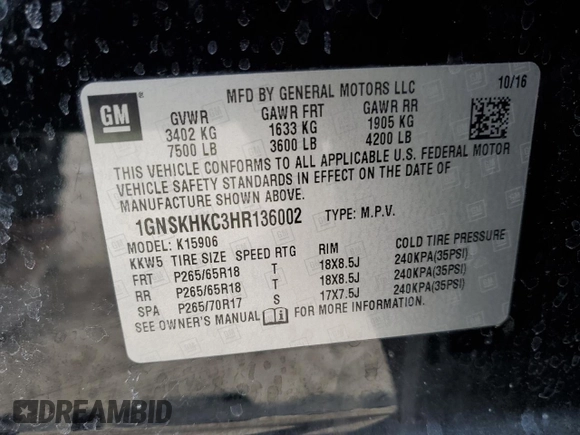 2017 Chevrolet Suburban LT with VIN 1GNSKHKC3HR136002, listed as a Copart auction lot 47672755 with 160,322 mi miles and Salvage Title. Bid and sale history available at carsss.com. Image 13.