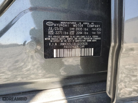2020 Hyundai Ioniq Hybrid Blue with VIN KMHC65LC4LU230826, listed as a Copart auction lot 49231135 with 40,533 mi miles and Non Repairable. Bid and sale history available at carsss.com. Image 12.