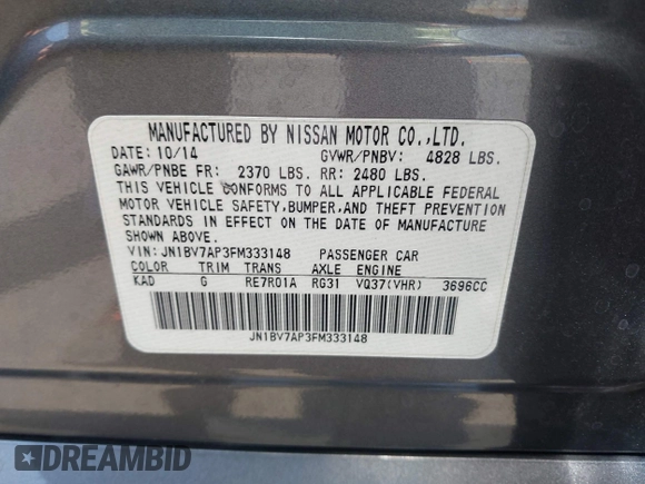 2015 Infiniti Q50 Sport with VIN JN1BV7AP3FM333148, listed as a IAAI auction lot 42359324 with 109,703 mi miles and . Bid and sale history available at DreamBid. Image 9.