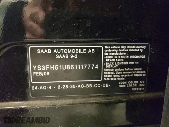 2006 Saab 9-3 z VIN YS3FH51U861117774, wystawiony jako Copart lot #55688485 z przebiegiem 165 909 mil mil oraz Szkoda całkowita • Salvage title. Historia ofert i sprzedaży dostępna na DreamBid. Obrazek 12.