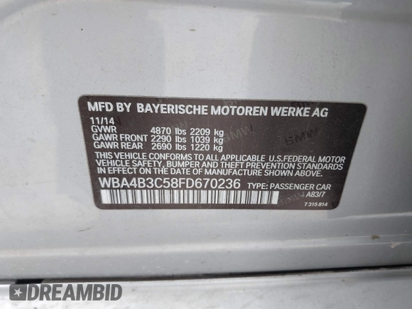 2015 BMW 4 Series 435i xDrive z VIN WBA4B3C58FD670236, wystawiony jako IAAI lot #41364258 z przebiegiem 126 362 mil mil oraz . Historia ofert i sprzedaży dostępna na DreamBid. Obrazek 9.