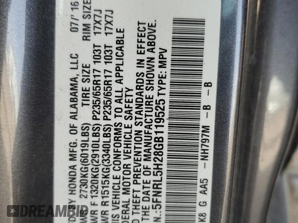 2016 Honda Odyssey LX with VIN 5FNRL5H28GB119525, listed as a Copart auction lot 50914835 with 87,210 mi miles and Salvage Title. Bid and sale history available at DreamBid. Image 13.