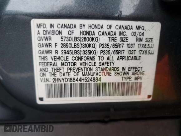 2004 Acura MDX Touring Pkg w/Navigation with VIN 2HNYD18844H524884, listed as a Copart auction lot 43446745 with 282,799 mi miles and Salvage Title. Bid and sale history available at carsss.com. Image 13.