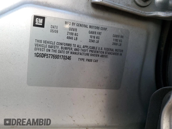 2009 Cadillac CTS RWD with VIN 1G6DF577690170346, listed as a Copart auction lot 48044595 with 236,572 mi miles and Salvage Title. Bid and sale history available at DreamBid. Image 12.