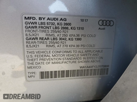 2018 Audi SQ5 Premium Plus с VIN WA1A4AFY2J2070806, выставлен на аукционе Copart как лот 57590675 с пробегом 62 087 миль миль и Списание • Salvage title. История ставок и продаж доступна на DreamBid. Изображение 14.