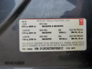 2016 Tesla Model X 70D z VIN 5YJXCAE29GF006512, wystawiony jako Copart lot #57517885 z przebiegiem Nie podano mil oraz Szkoda całkowita • Salvage title. Historia ofert i sprzedaży dostępna na DreamBid. Obrazek 14.