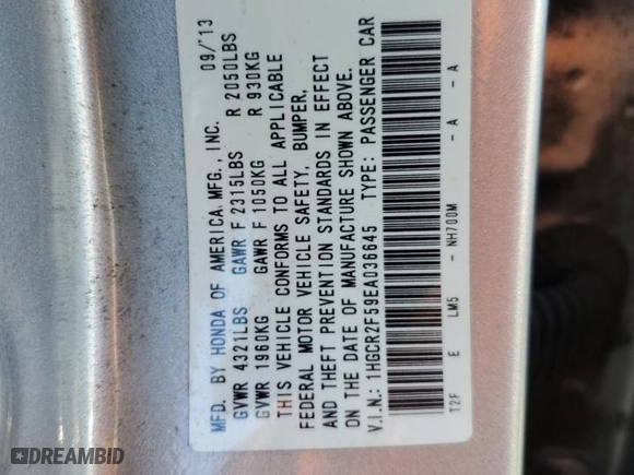 2014 Honda Accord Sedan Sport with VIN 1HGCR2F59EA036645, listed as a Copart auction lot 41982335 with 293,604 mi miles and Salvage Title. Bid and sale history available at carsss.com. Image 12.