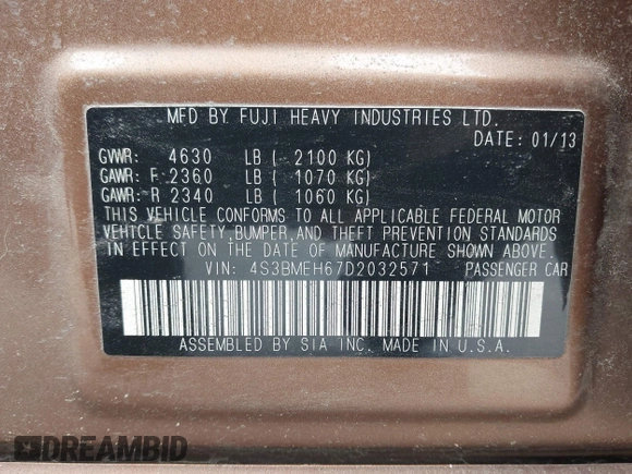 2013 Subaru Legacy with VIN 4S3BMEH67D2032571, listed as a IAAI auction lot 42334843 with 154,321 mi miles and . Bid and sale history available at DreamBid. Image 9.