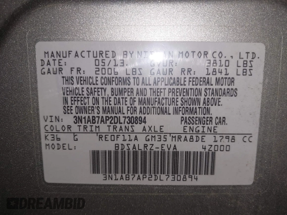2013 Nissan Sentra S with VIN 3N1AB7AP2DL730894, listed as a IAAI auction lot 42111644 with 93,368 mi miles and . Bid and sale history available at DreamBid. Image 9.