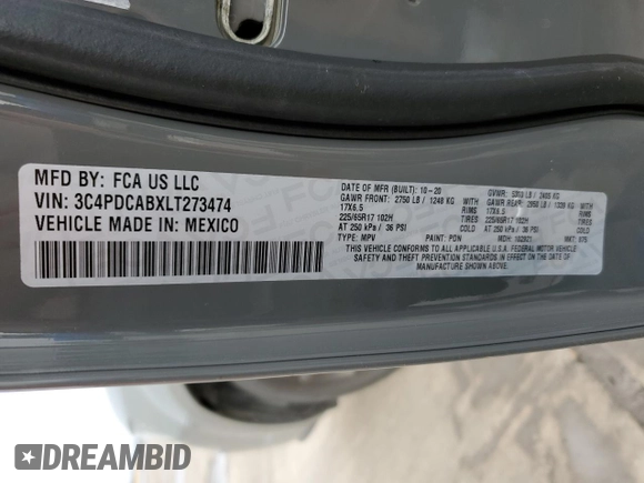 2020 Dodge Journey SE Value with VIN 3C4PDCABXLT273474, listed as a Copart auction lot 47037785 with 94,181 mi miles and Salvage Title. Bid and sale history available at carsss.com. Image 14.