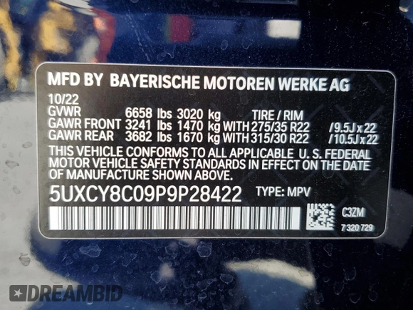 2023 BMW X6 M50i with VIN 5UXCY8C09P9P28422, listed as a Copart auction lot 52818133 with 4,131 mi miles and Salvage Title. Bid and sale history available at carsss.com. Image 14.