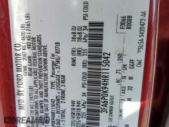 2017 Ford Fusion Titanium with VIN 3FA6P0K94HR115042, listed as a Copart auction lot 52416505 with 108,774 mi miles and Non repairable. Bid and sale history available at DreamBid. Image 13.