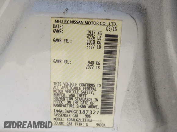 2016 Nissan Altima SR with VIN 1N4AL3AP0GC187327, listed as a IAAI auction lot 42001667 with 175,649 mi miles and . Bid and sale history available at carsss.com. Image 9.