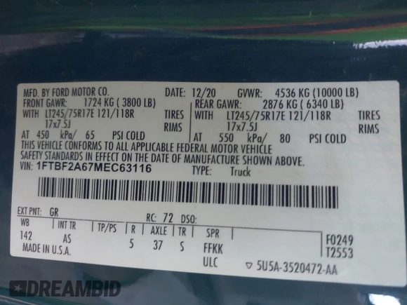 2021 Ford F-250 XL with VIN 1FTBF2A67MEC63116, listed as a IAAI auction lot 42512906 with Not provided miles and . Bid and sale history available at DreamBid. Image 9.